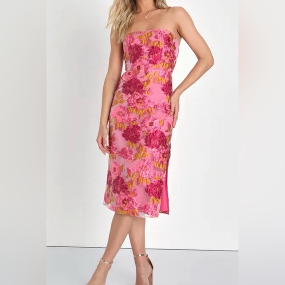 Lulus Dresses & Skirts - Lulus Upgraded Event Pink Jacquard Strapless Bustier Midi Dress  Large NWT